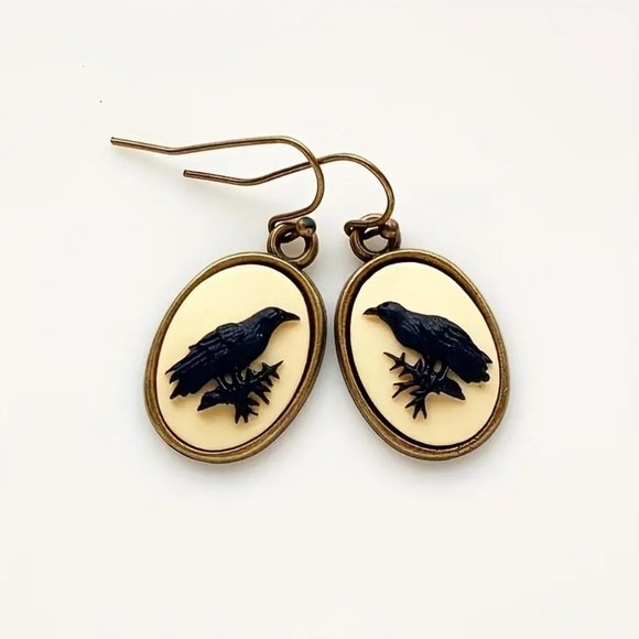 Baroque Halloween Retro Goth Black Raven Cameo Earrings NEW - Picture 2 of 5
